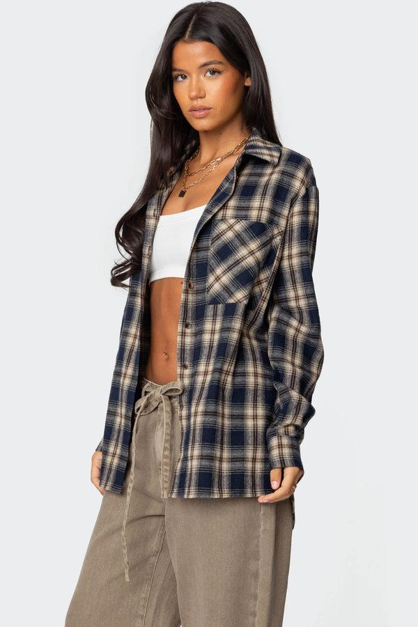 Edikted Plaid Flannel Button Up Shirt Navy