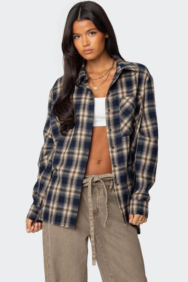edikted Plaid Flannel Button Up Shirt navy