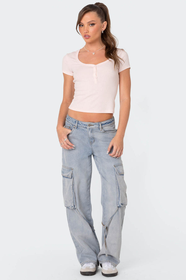 Edikted Pointelle Henley T Shirt Light Pink