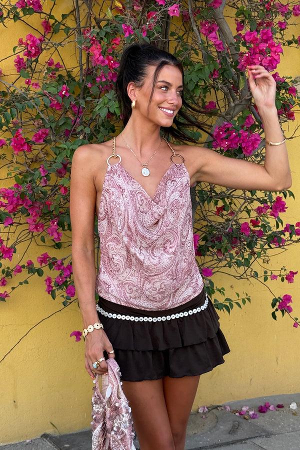 edikted Printed Halter Chain Cowl Neck Top pink