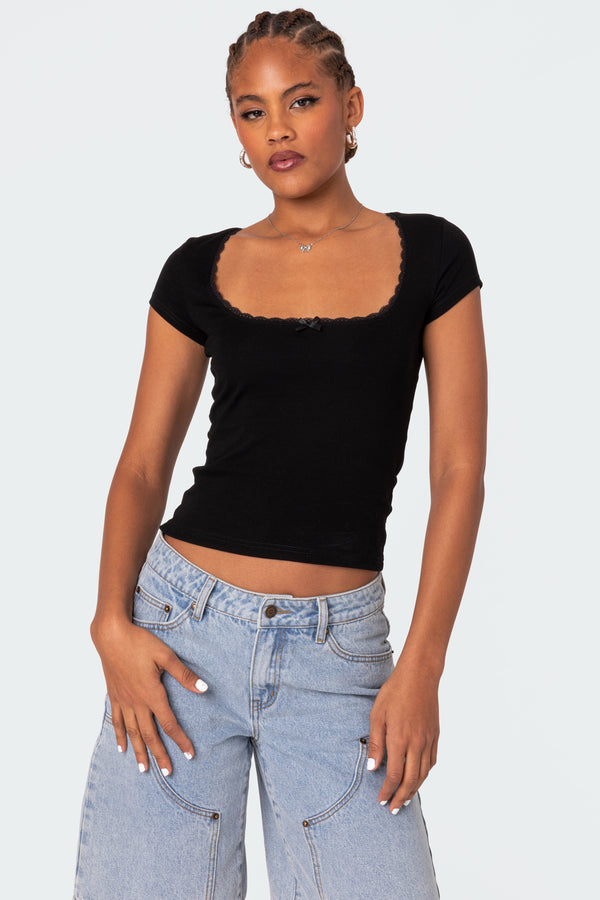 edikted Priscilla Lace Trim T Shirt black