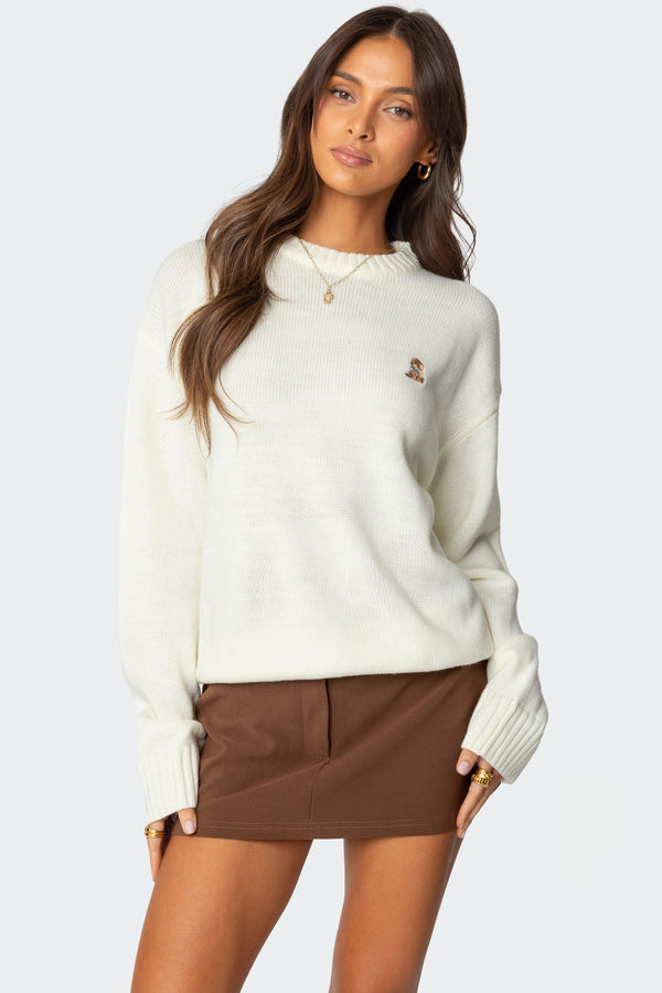 edikted Puppy Love Embroidered Sweater white