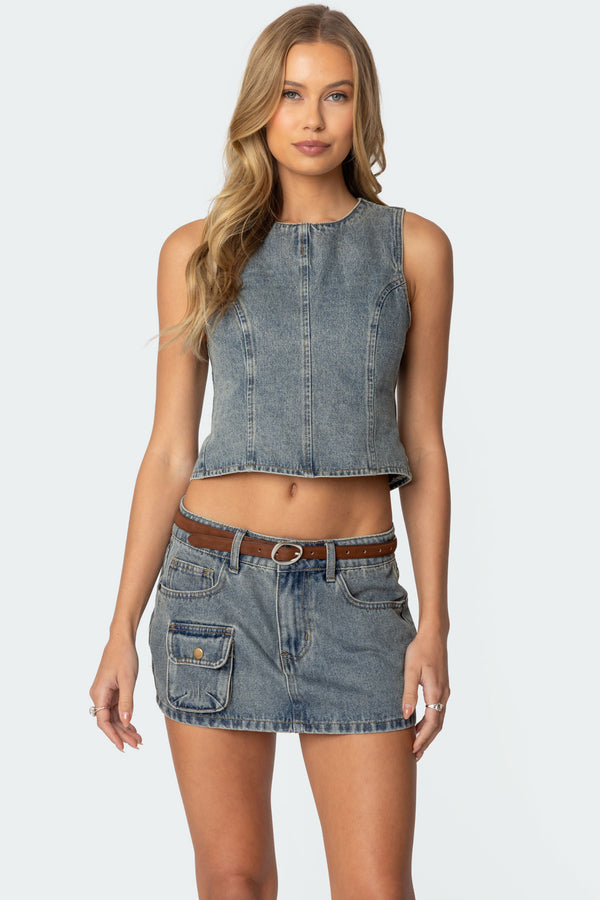 Edikted Quinlan Open Back Denim Top Blue