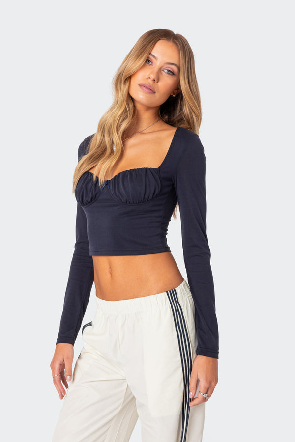 Edikted Rain Cupped Long Sleeve Top Navy