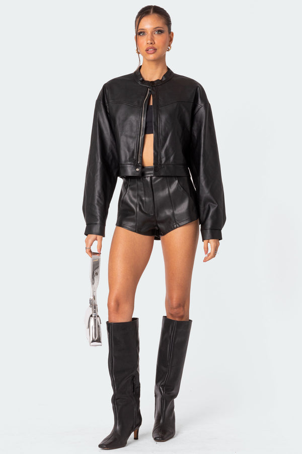 Edikted Ramona Faux Leather Cropped Jacket Black