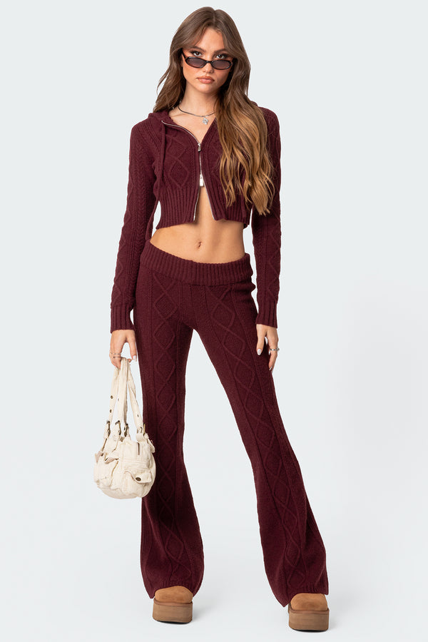 Edikted Ray Cable Knit Hooded Cardigan Burgundy