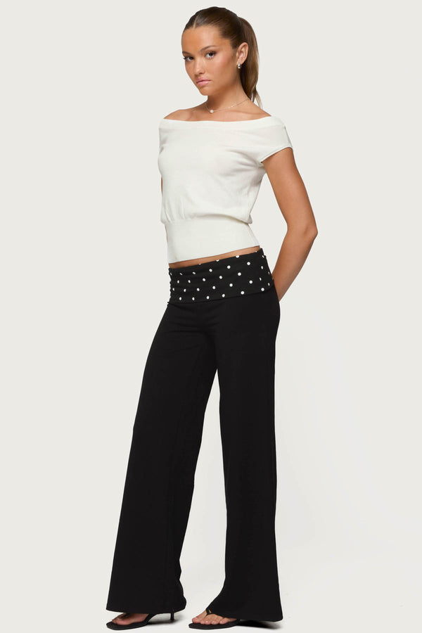 Edikted Reeva Polka Dot Fold Over Pants Black