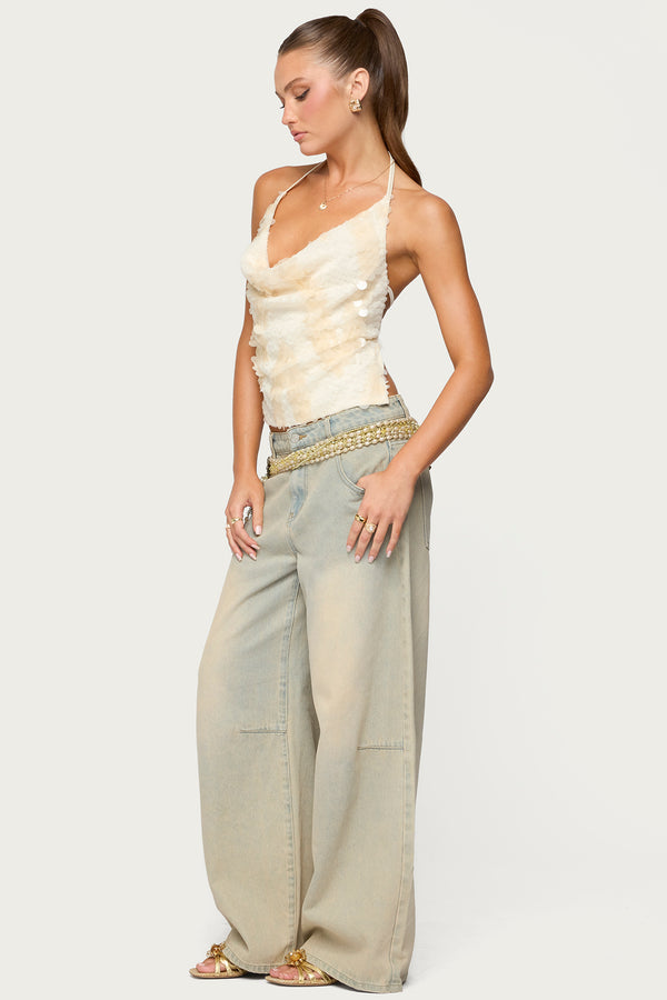 Edikted Reid Backless Sequin Cowl Neck Top Cream