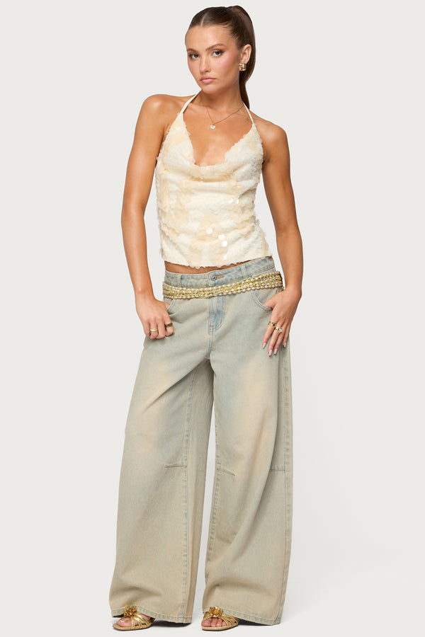 Edikted Reid Backless Sequin Cowl Neck Top Cream