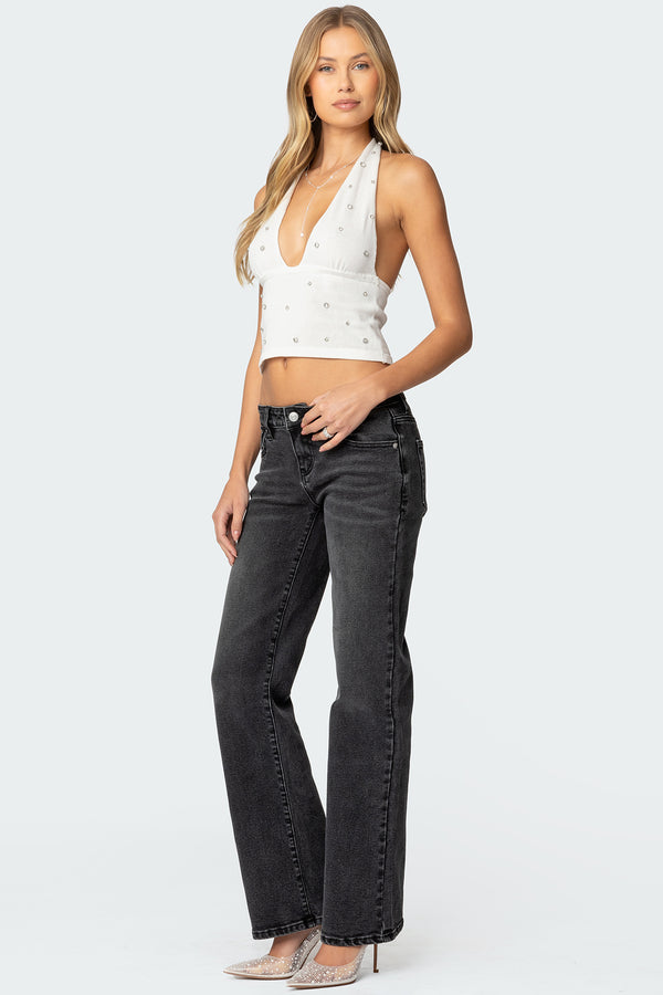 Edikted Rhinestone Knit Halter Top White