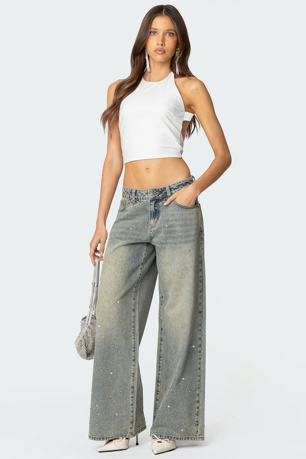 edikted Rhinestone Low Rise Washed Jeans gray