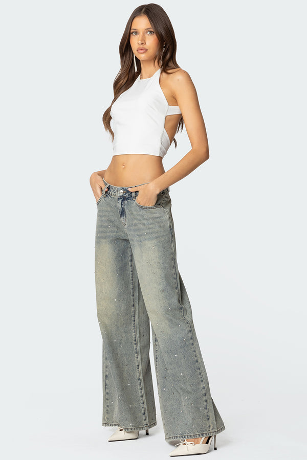 Edikted Rhinestone Low Rise Washed Jeans Gray