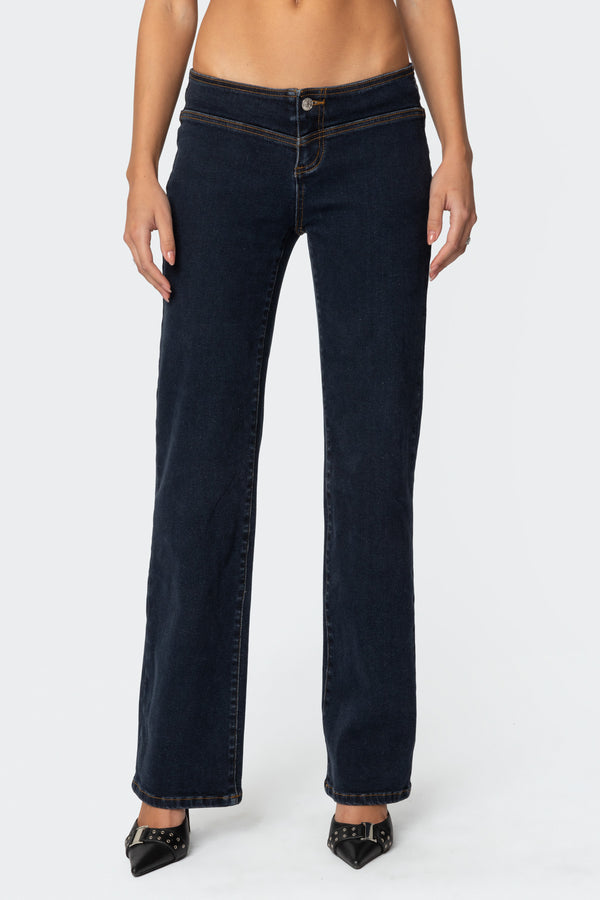 Edikted Ribbon Lace Up Low Rise Jeans Dark Blue
