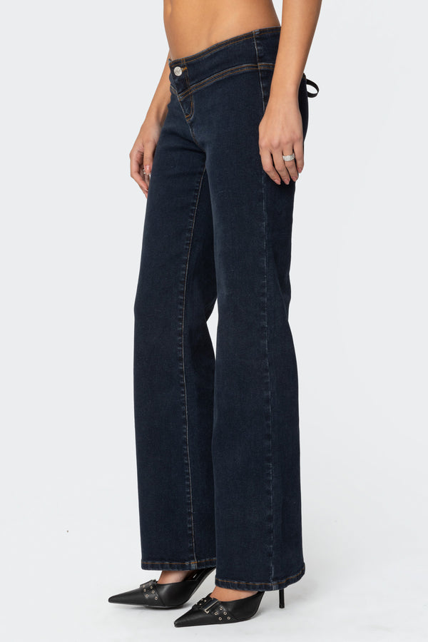 Edikted Ribbon Lace Up Low Rise Jeans Dark Blue