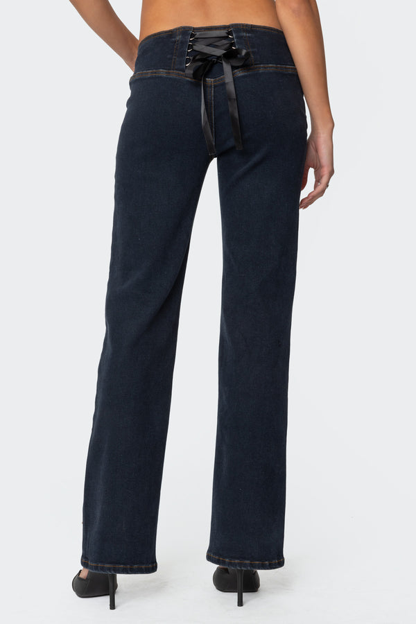 edikted Ribbon Lace Up Low Rise Jeans dark blue