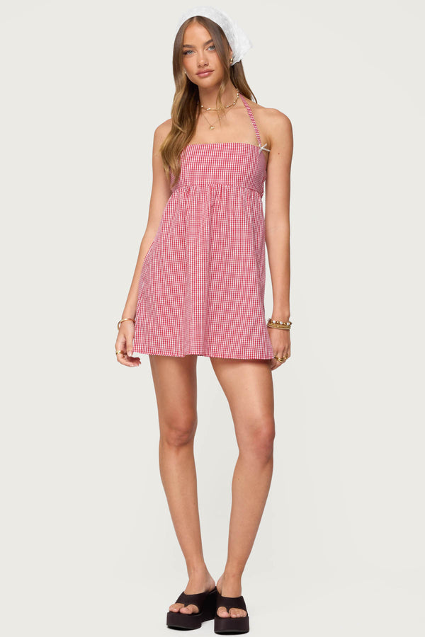 Edikted Rina Gingham Halter Mini Dress Red