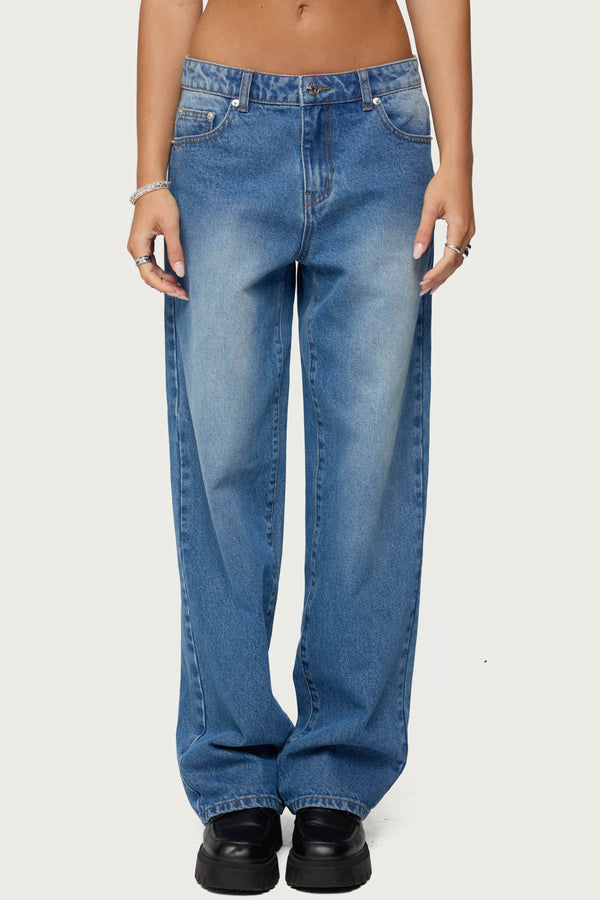 Edikted Rorie Mid Rise Straight Leg Jeans Blue