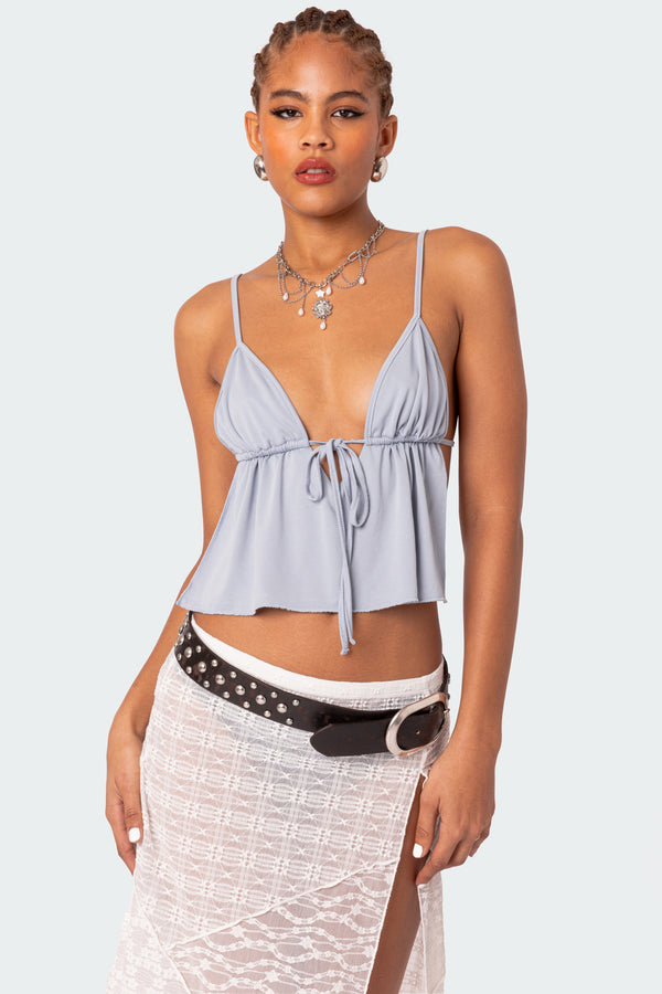 edikted Rylee Tie Front Open Back Top light blue