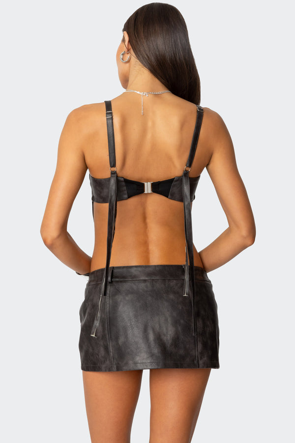 Edikted Sadaf Faux Leather Bra Top Brown Washed
