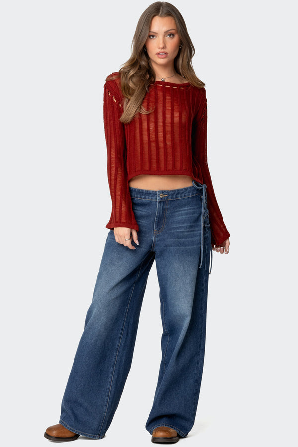 Edikted Sagir Sheer Ladder Knit Top Burgundy