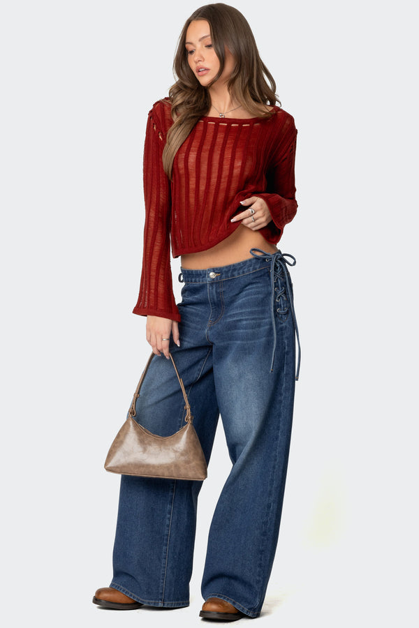 Edikted Sagir Sheer Ladder Knit Top Burgundy