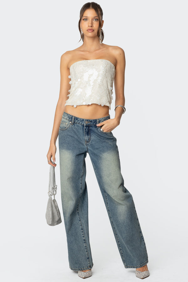 Edikted Samara Sequin Strapless Top Cream