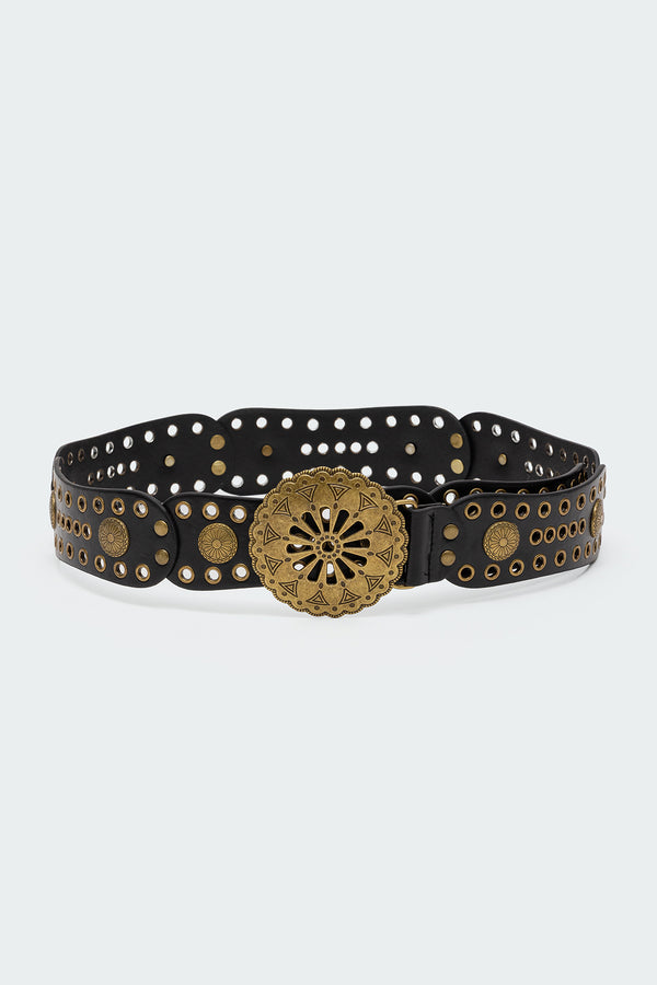 Edikted Scalloped Circle Faux Leather Belt Black