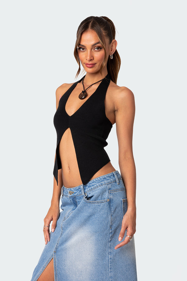 Edikted Sculpt Knitted Split Front Top Black