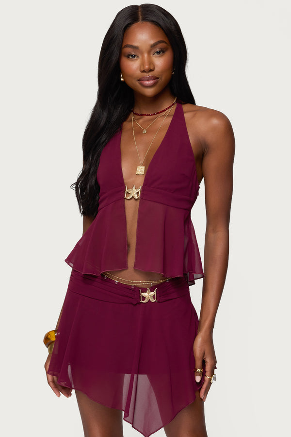 edikted Sea Star Chiffon Split Front Top burgundy