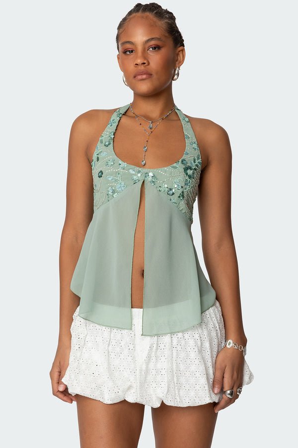 edikted Sequin Chiffon Split Front Top sage