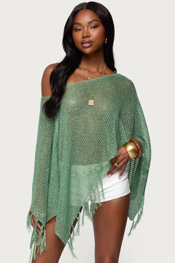 Edikted Sequin Fringe Knit Poncho Green