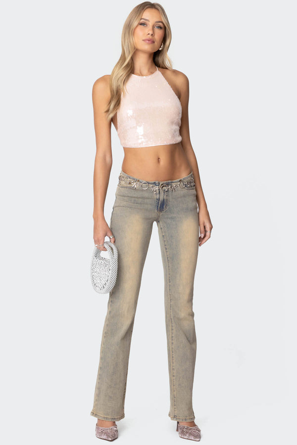 Edikted Sequin Open Back Halter Top Light Pink
