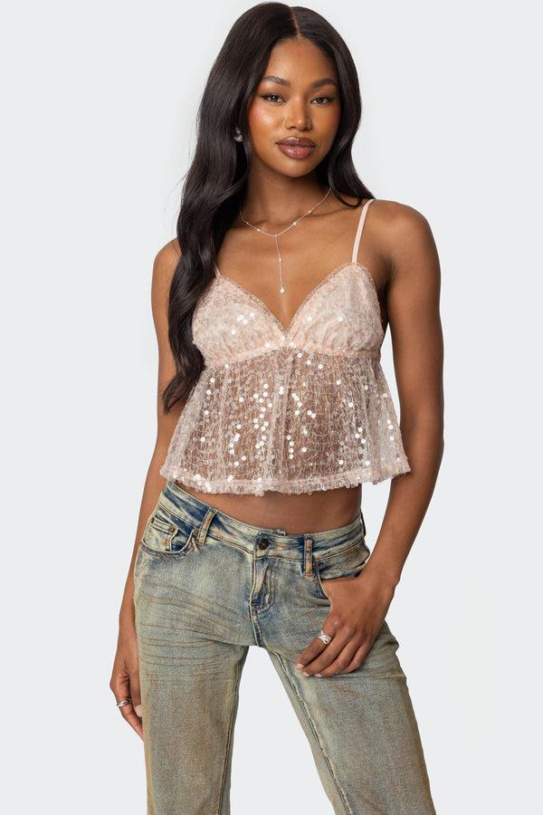 edikted Sheer Sequin Babydoll Tank Top pink