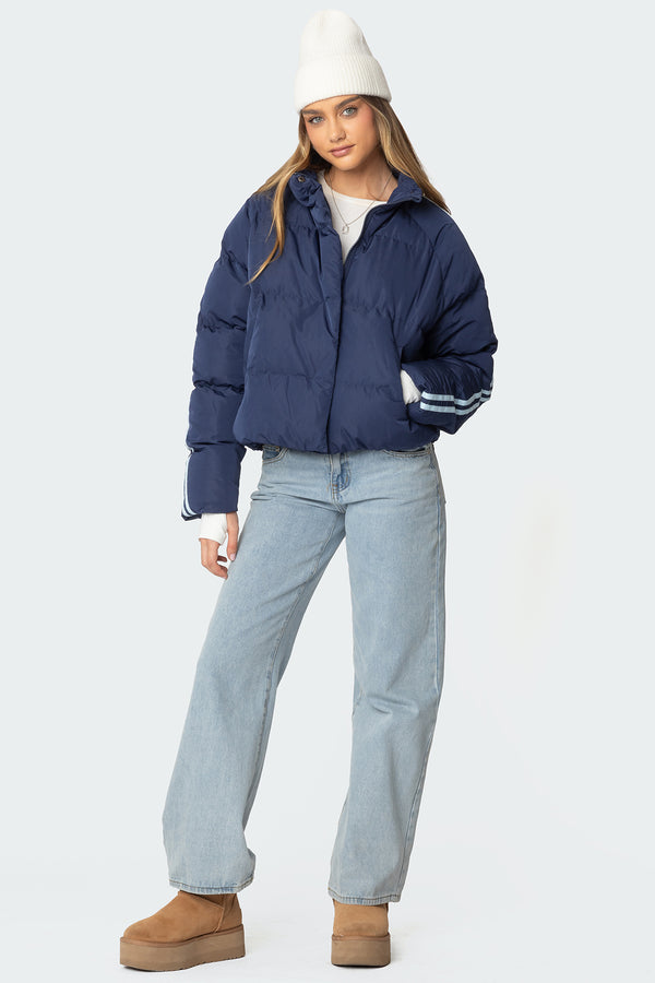 Edikted Sherry Side Striped Puffer Jacket Navy