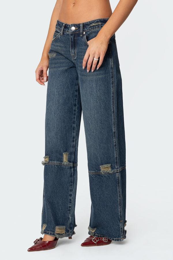Edikted Slitted Distressed Low Rise Jeans Blue