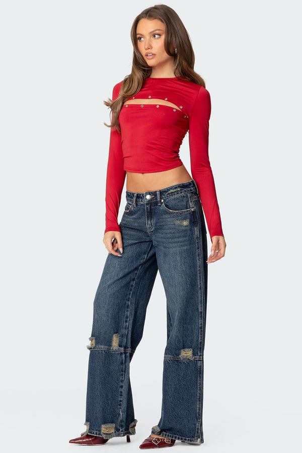Edikted Slitted Distressed Low Rise Jeans Blue