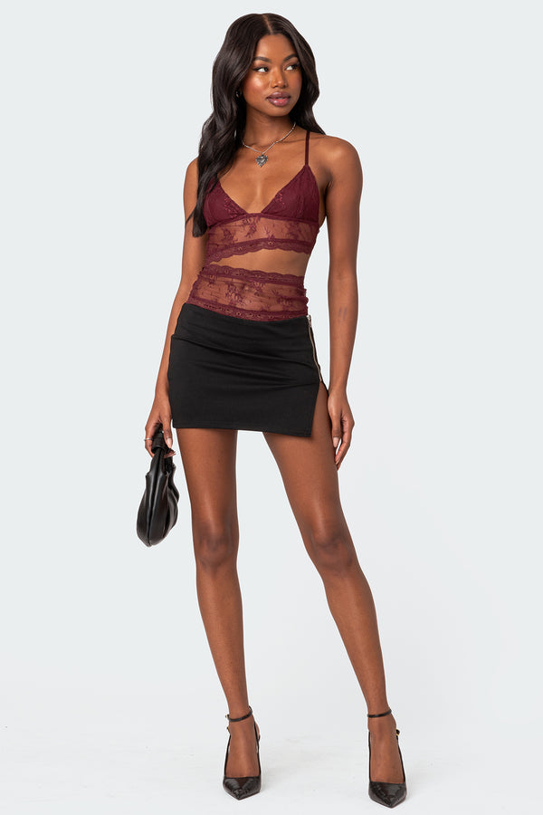 Edikted Spice Cut Out Sheer Lace Tank Top Burgundy