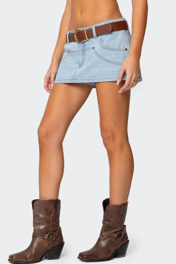 Edikted Stitched Up Denim Mini Skort Light Blue