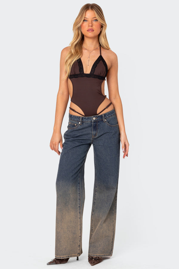 Edikted Strappy Lace Trim Bodysuit Brown