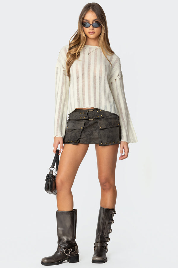 Edikted Stripey Shredded Sweater Cream