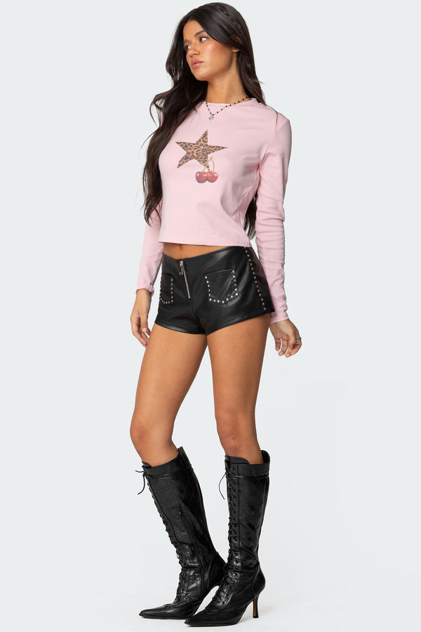 Edikted Studded Faux Leather Micro Shorts Black