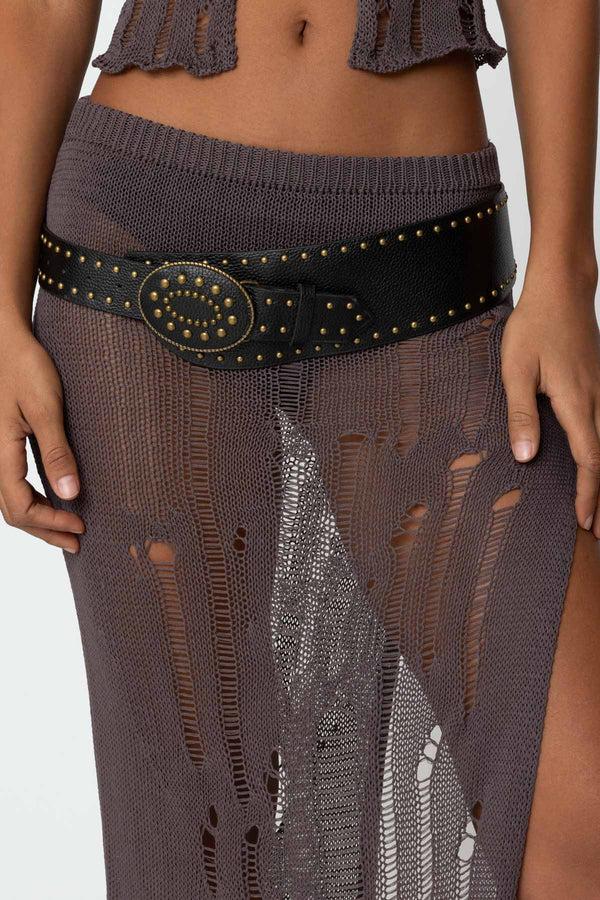 edikted Studded Faux Leather Western Belt black
