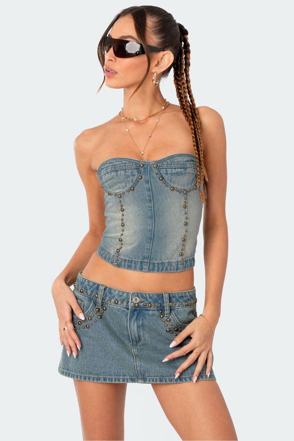 edikted Studded Washed Denim Lace Up Corset blue