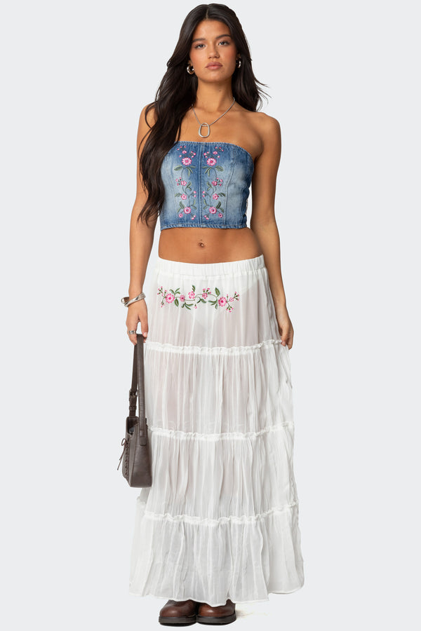 edikted Tai Embroidered Tiered Maxi Skirt white