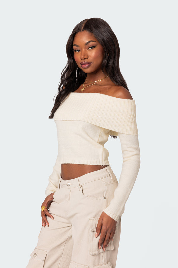 Edikted Tamara Fold Over Knit Top Cream