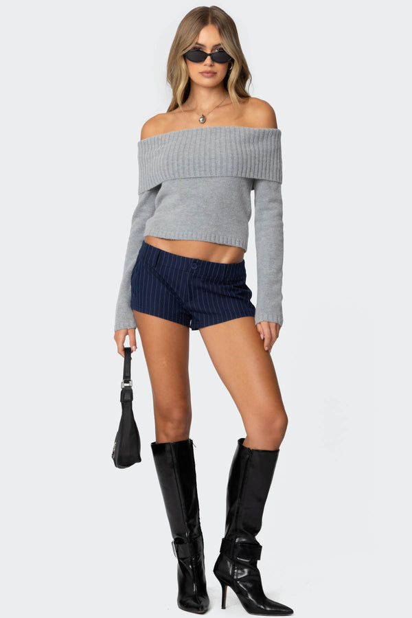 Edikted Tamara Fold Over Knit Top Gray Melange
