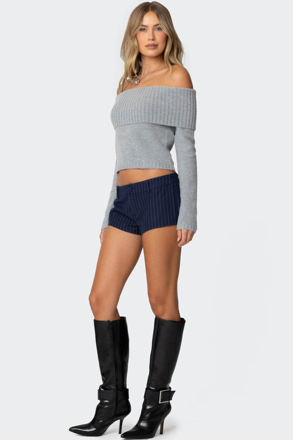 Edikted Tamara Fold Over Knit Top Gray Melange