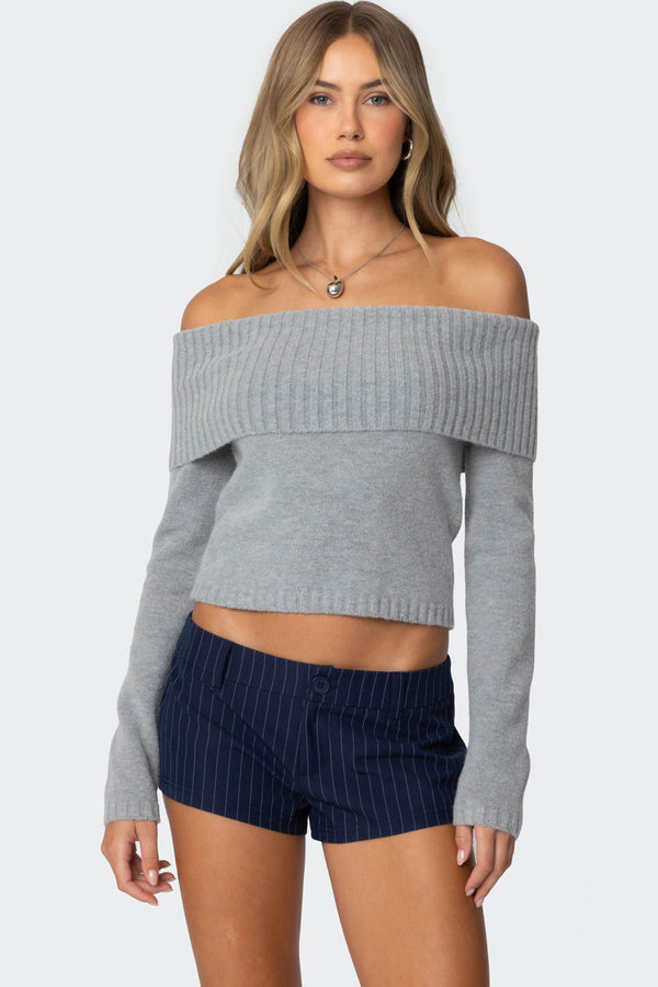 edikted Tamara Fold Over Knit Top gray melange