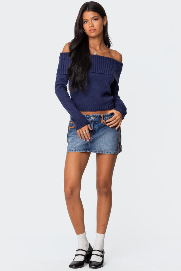 Edikted Tamara Fold Over Knit Top Navy