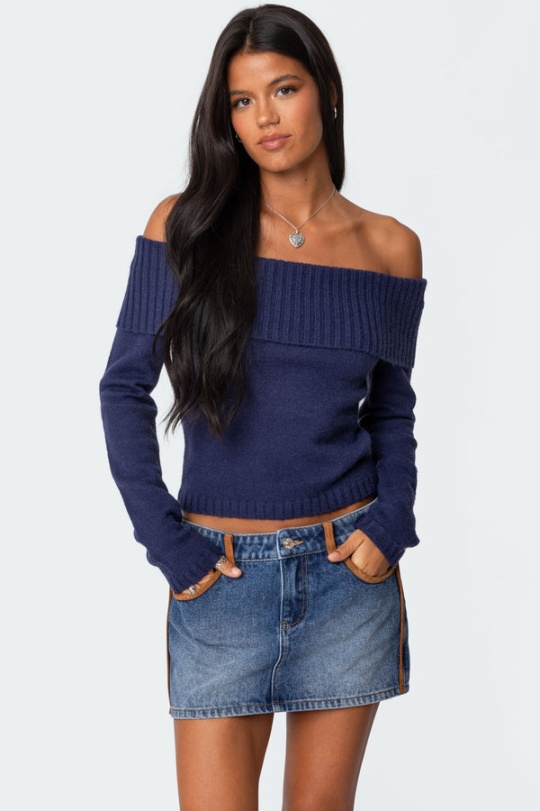 edikted Tamara Fold Over Knit Top navy